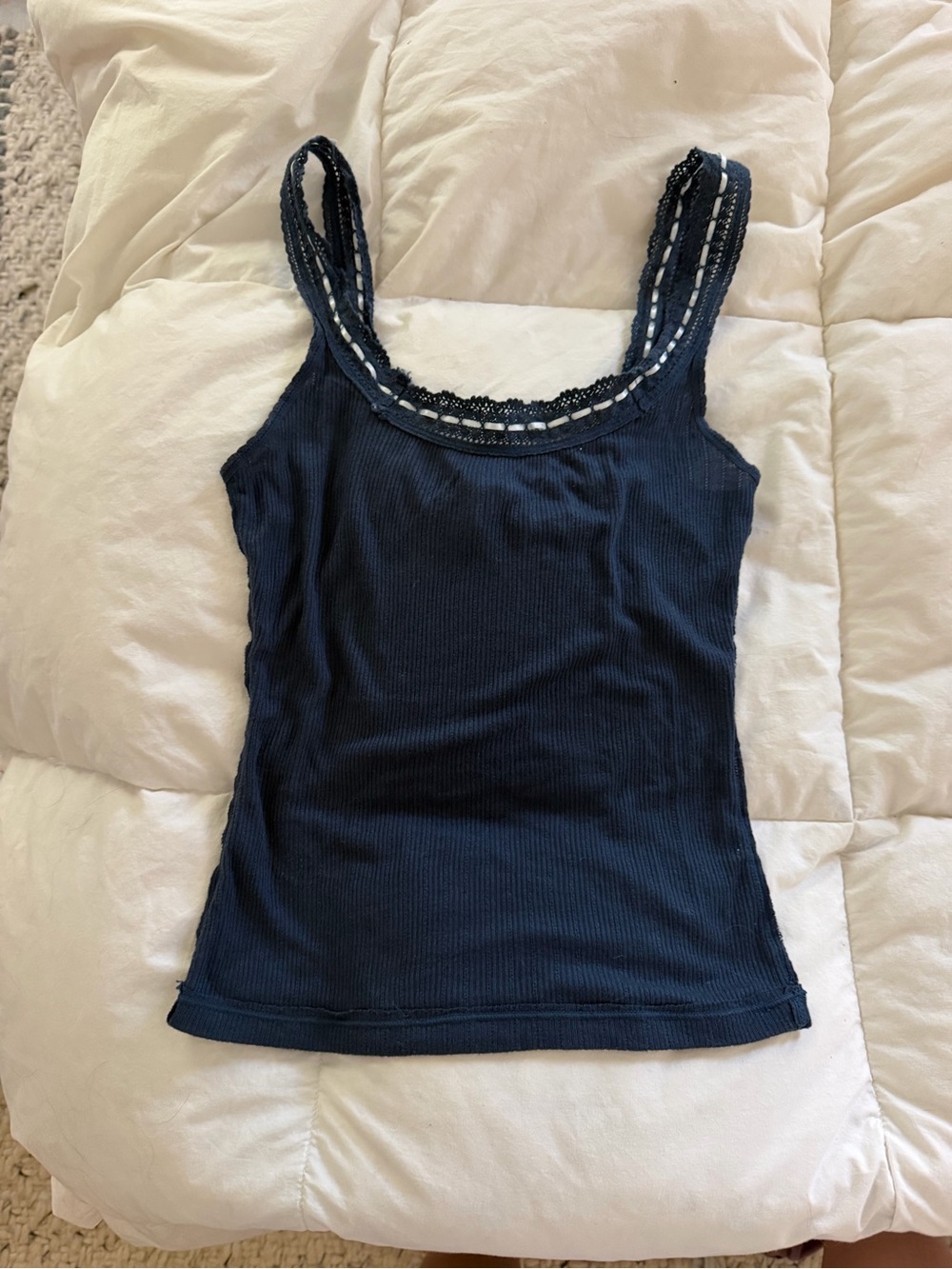 Free People Navy Ribbed Lace-Trim Tank Top
